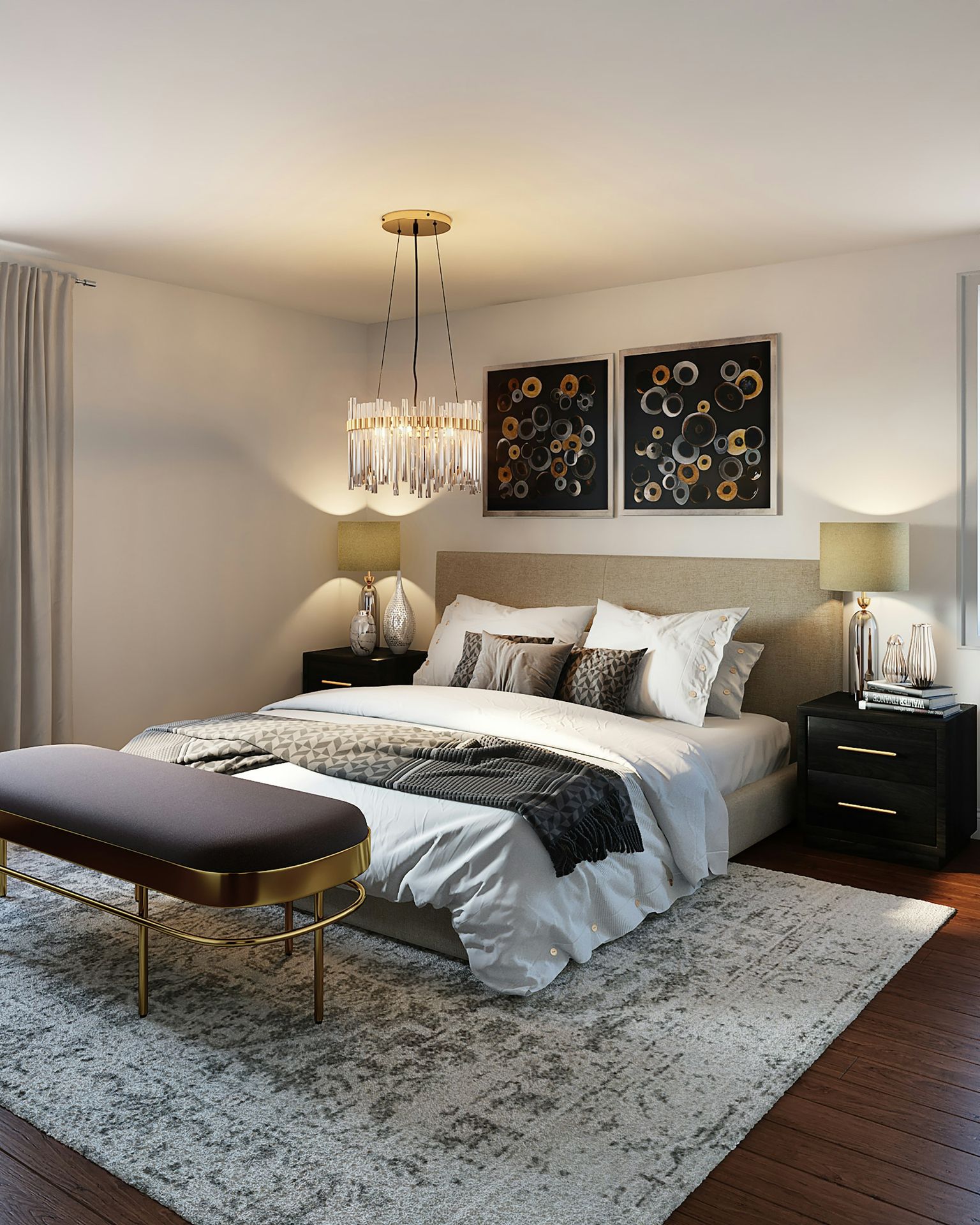 A modern bedroom with a bed, crystal chandelier, and dark bedside tables